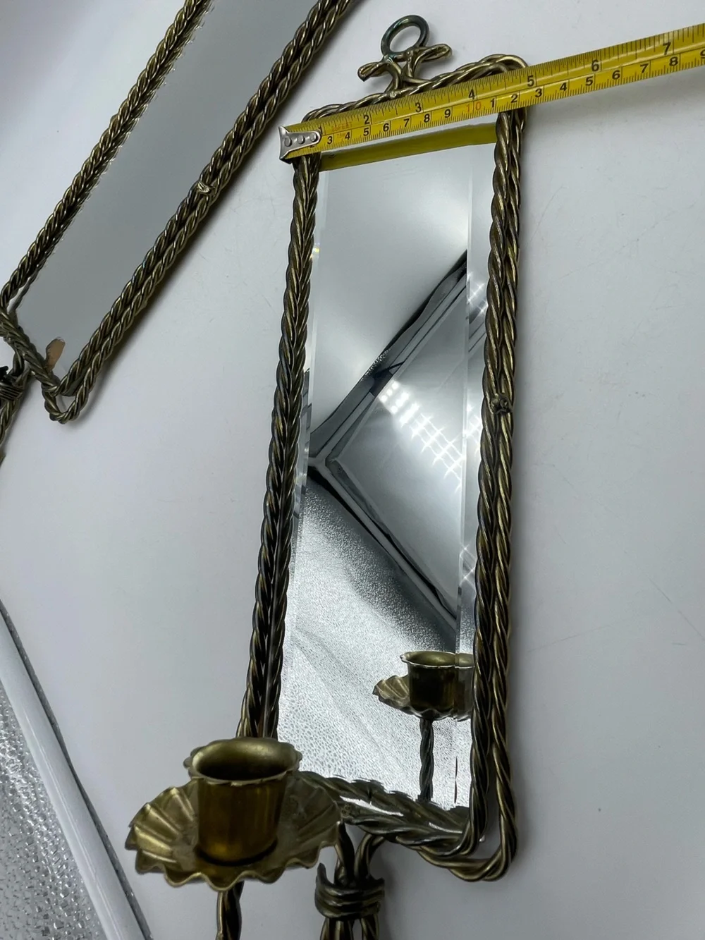 2 Mid Century Hollywood Regency Brass Rope & Tassel Mirrored Candle Wall Sconces